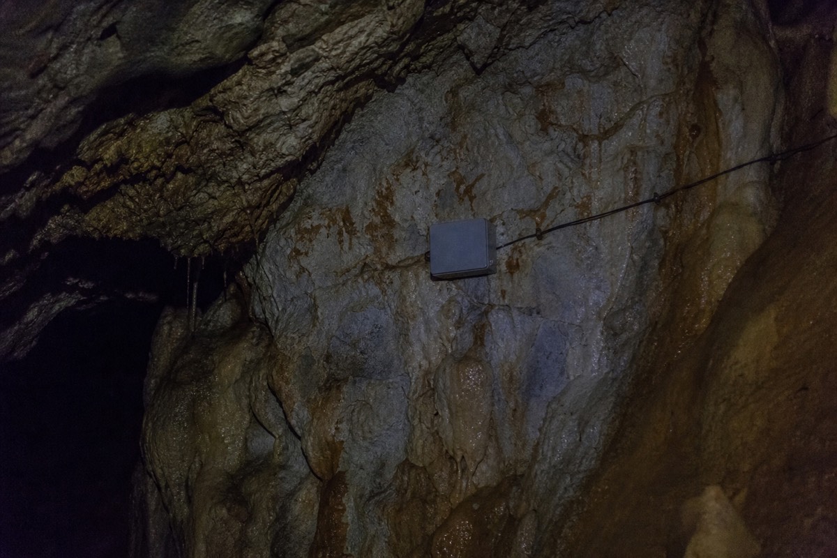 A quiet unlit corner of a limestone cave with a plain grey instrument box mounted on the rock and a thin cable running along the wall