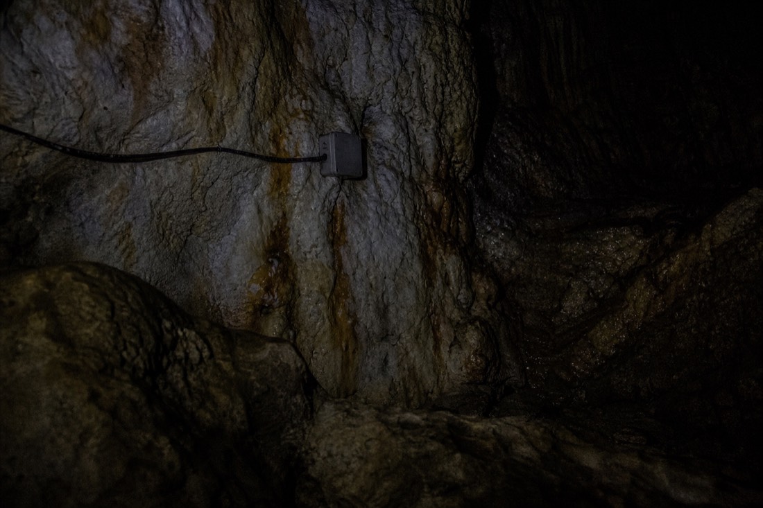 Another view at Waitomo: a quiet unlit corner of a limestone cave with a plain grey instrument box mounted on the rock and a thin cable running along the wall