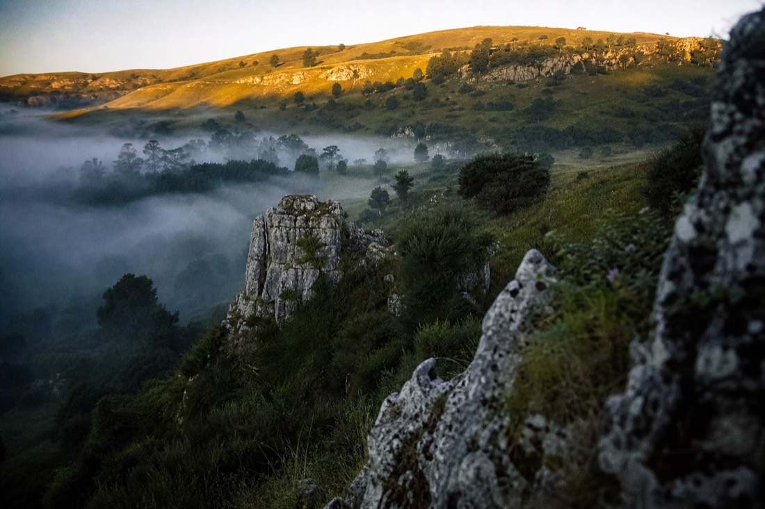 Another view at Waitomo: morning mist lying in a green Waikato valley with limestone outcrops breaking through and sun catching the top of the ridge