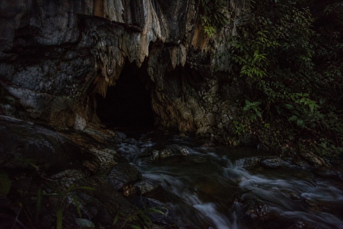 Another view at Waitomo: a raft of flax stems floating on black water at the mouth of a low limestone cave with a candle lantern burning on it