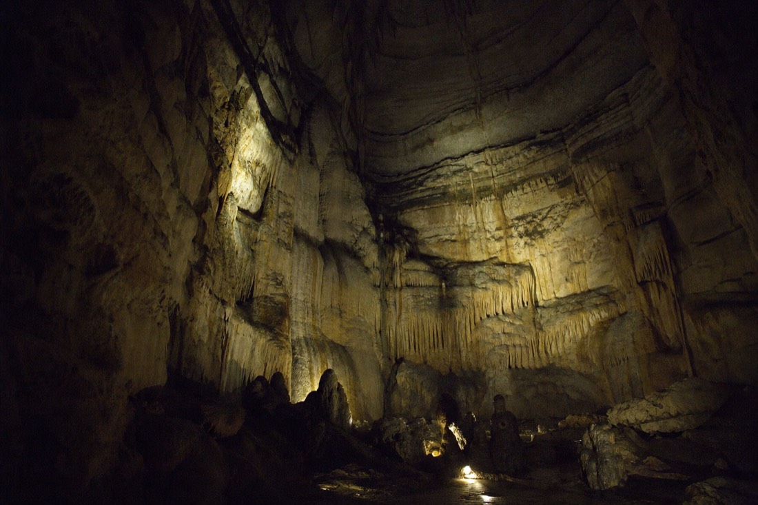 Another view at Waitomo: a vast domed cave chamber with layered flowstone walls lit only by weak warm uplights on the floor and a ceiling vanishing into black