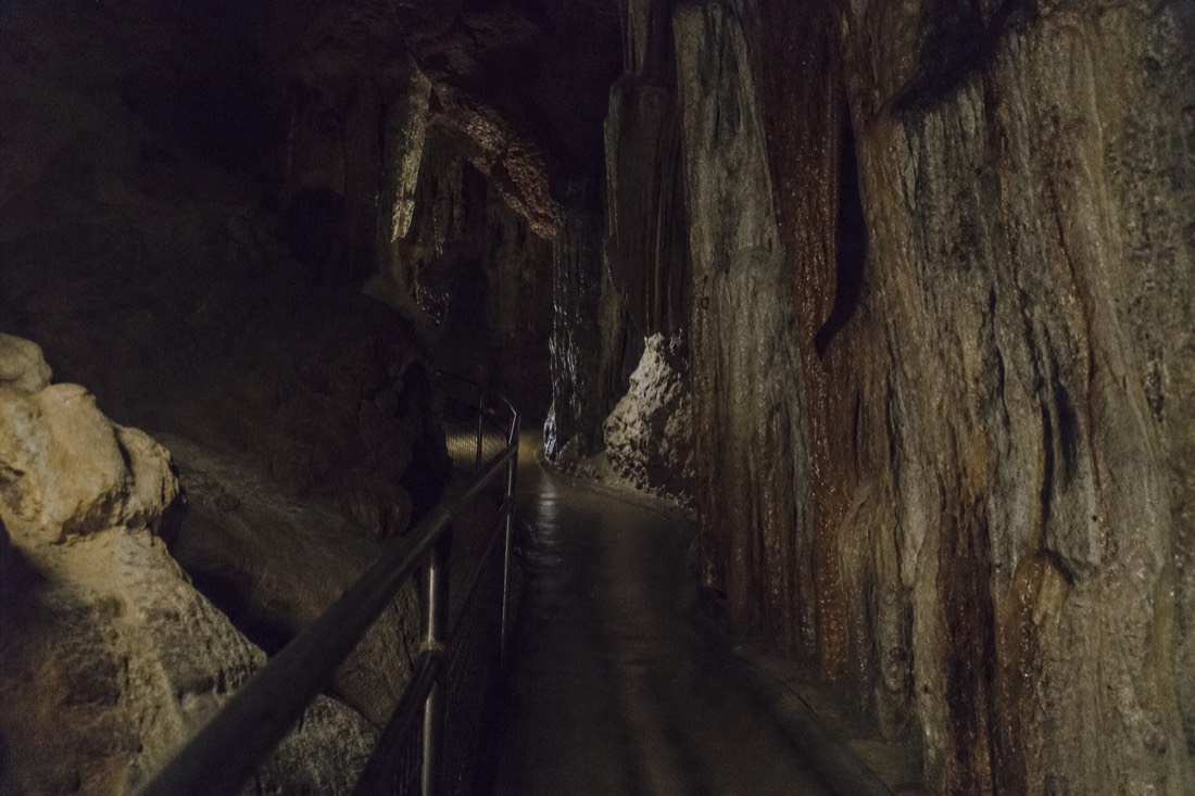 Another view at Waitomo: an empty narrow cave walkway with a queue rail and formed concrete path under low lighting